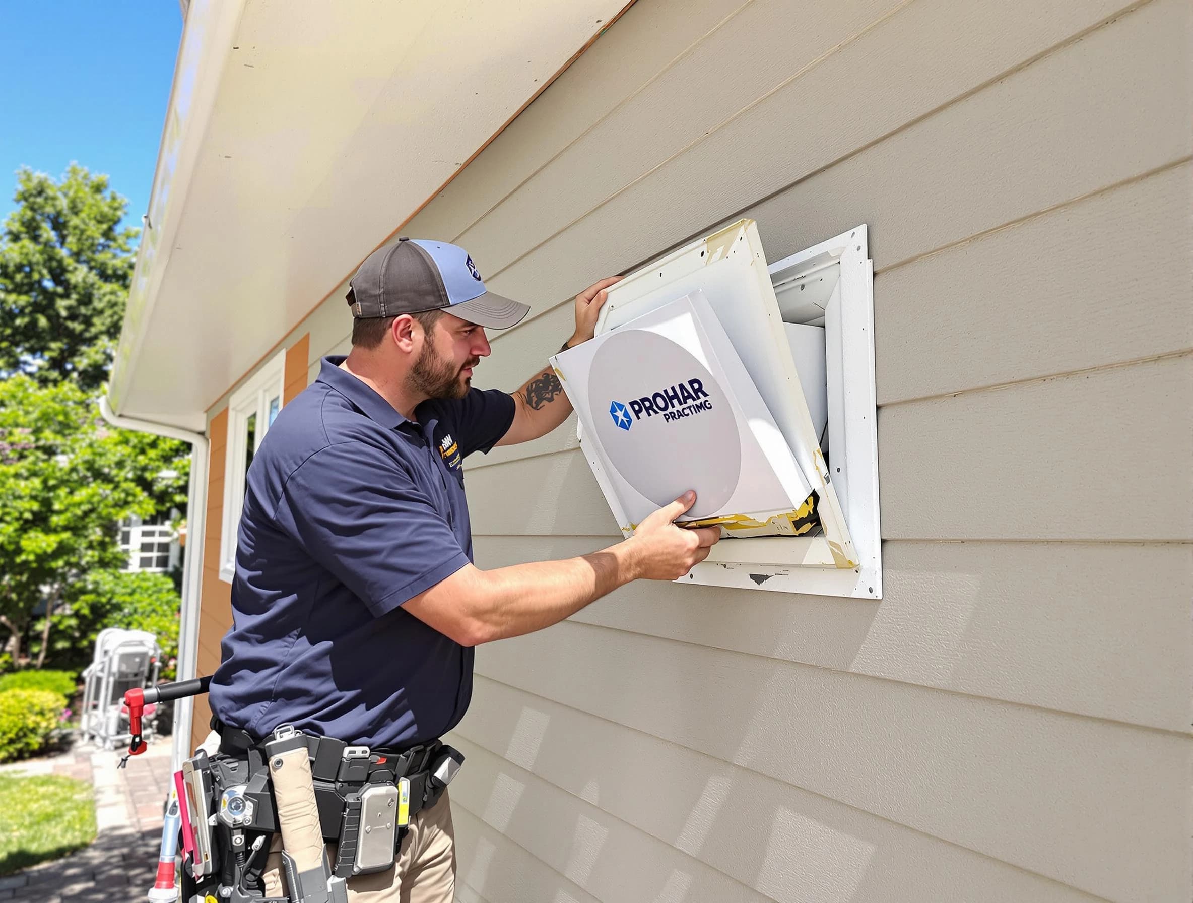 Bon Air Dryer Vent Cleaning technician installing a new protective dryer vent cover on a home in Bon Air