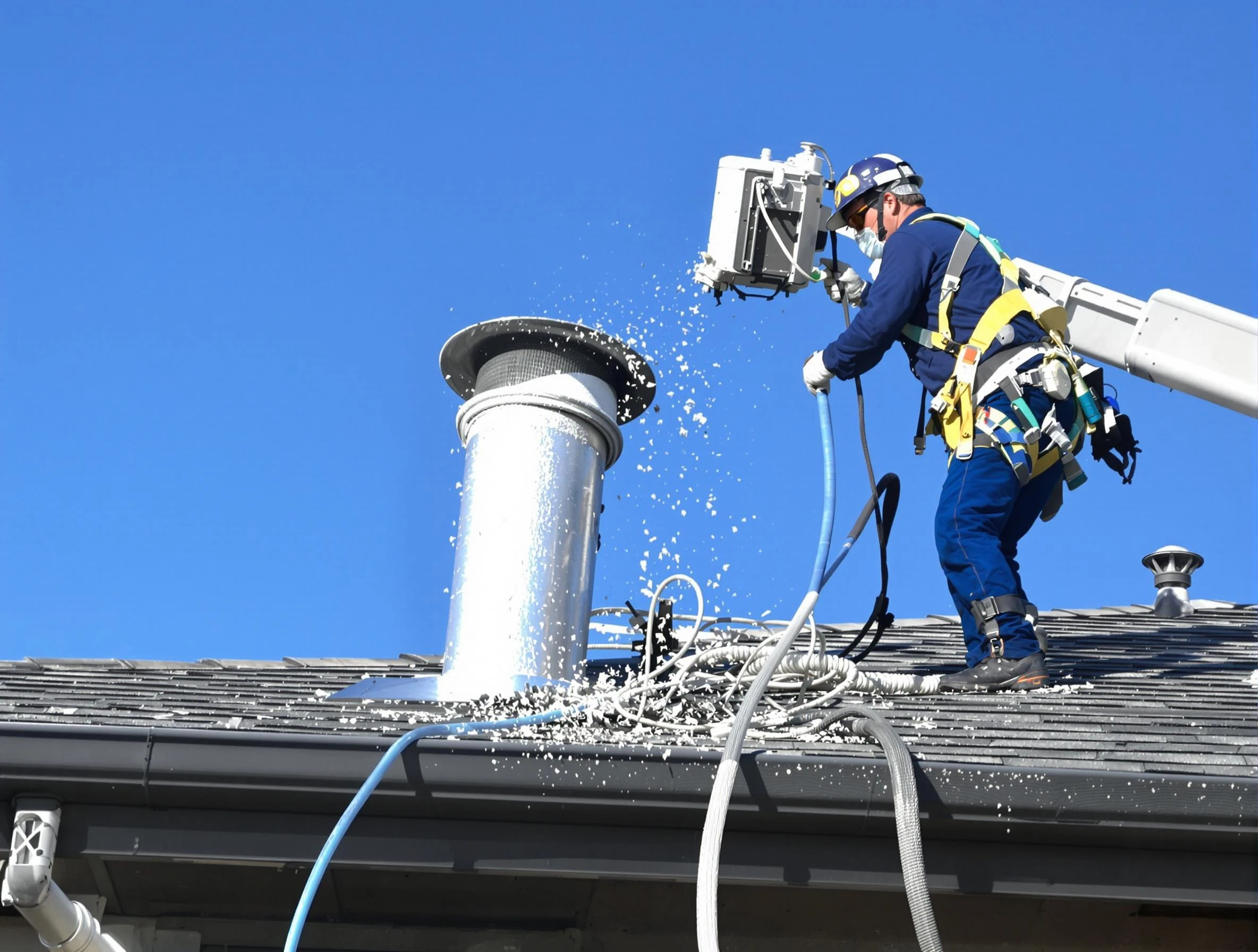 Bon Air Dryer Vent Cleaning certified technician safely cleaning a roof-mounted dryer vent in Bon Air